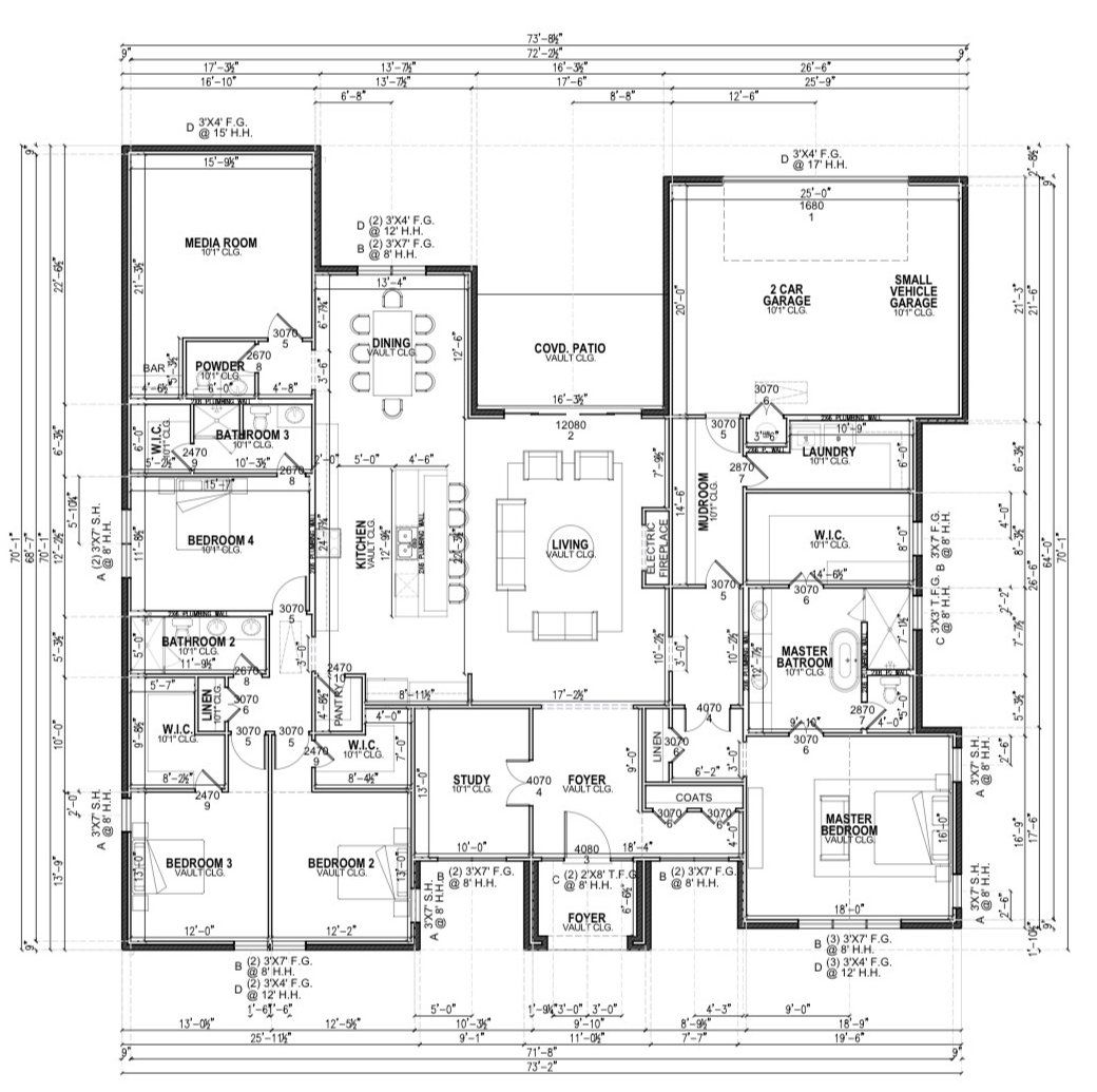 Floor plan of 1012 Devonshire: single-story layout with four bedrooms, study, media room, covered patio, and two garages
